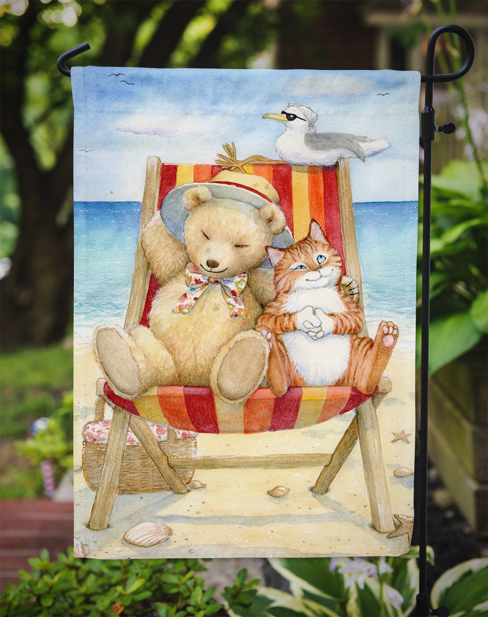 Summer Teddy Bear and Cat on Beach Flag Garden Size CDCO0336GF.