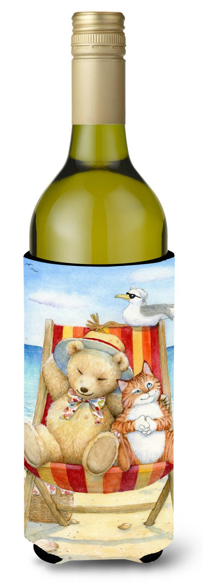 Summer Teddy Bear and Cat on Beach Wine Bottle Beverage Insulator Hugger CDCO0336LITERK by Caroline&#39;s Treasures