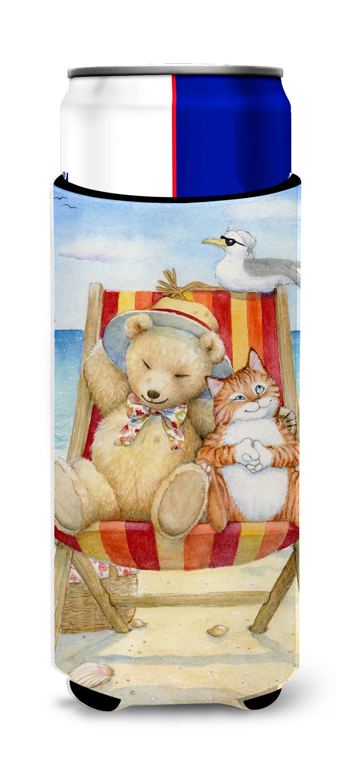 Summer Teddy Bear and Cat on Beach Ultra Beverage Insulators for slim cans CDCO0336MUK  the-store.com.