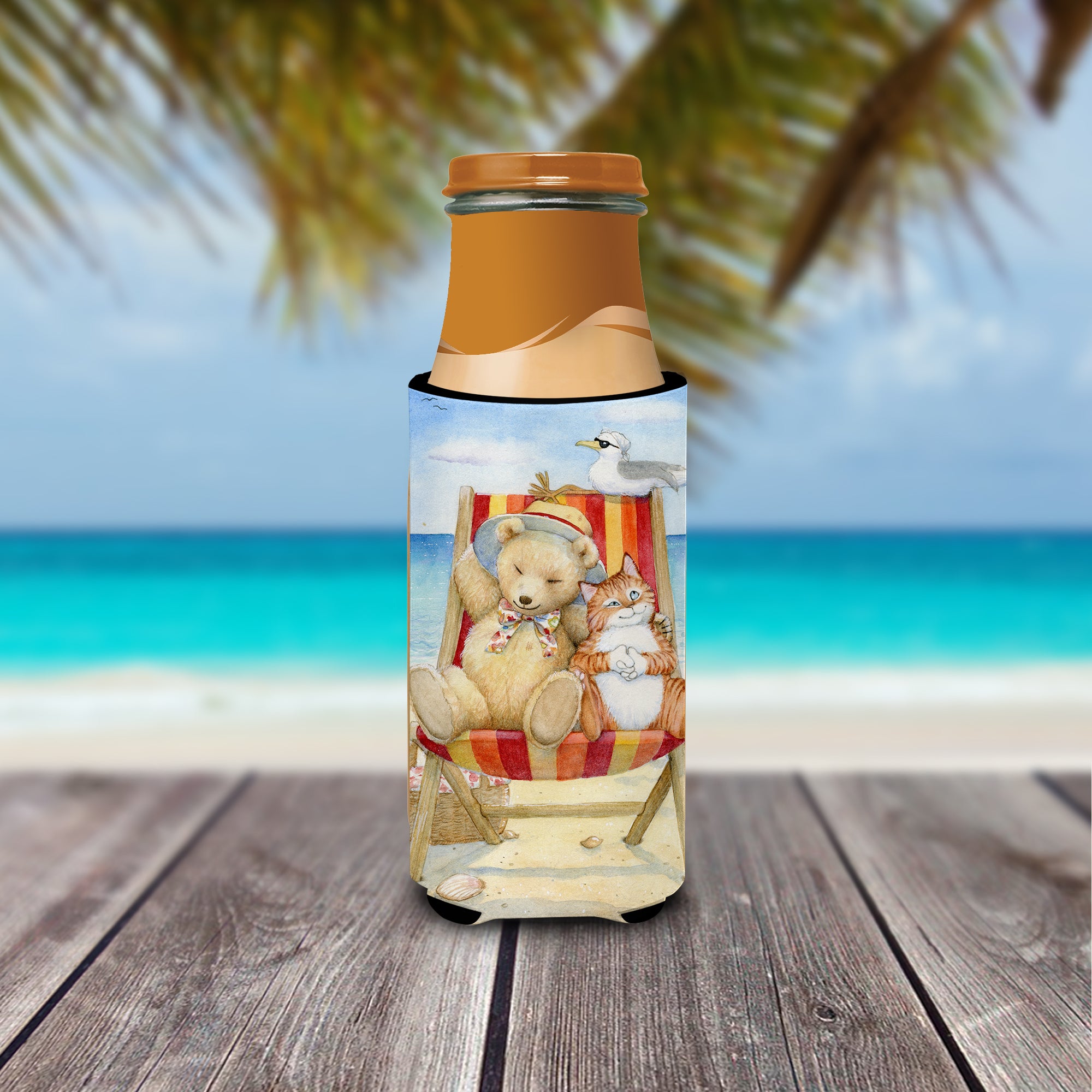 Summer Teddy Bear and Cat on Beach Ultra Beverage Insulators for slim cans CDCO0336MUK  the-store.com.