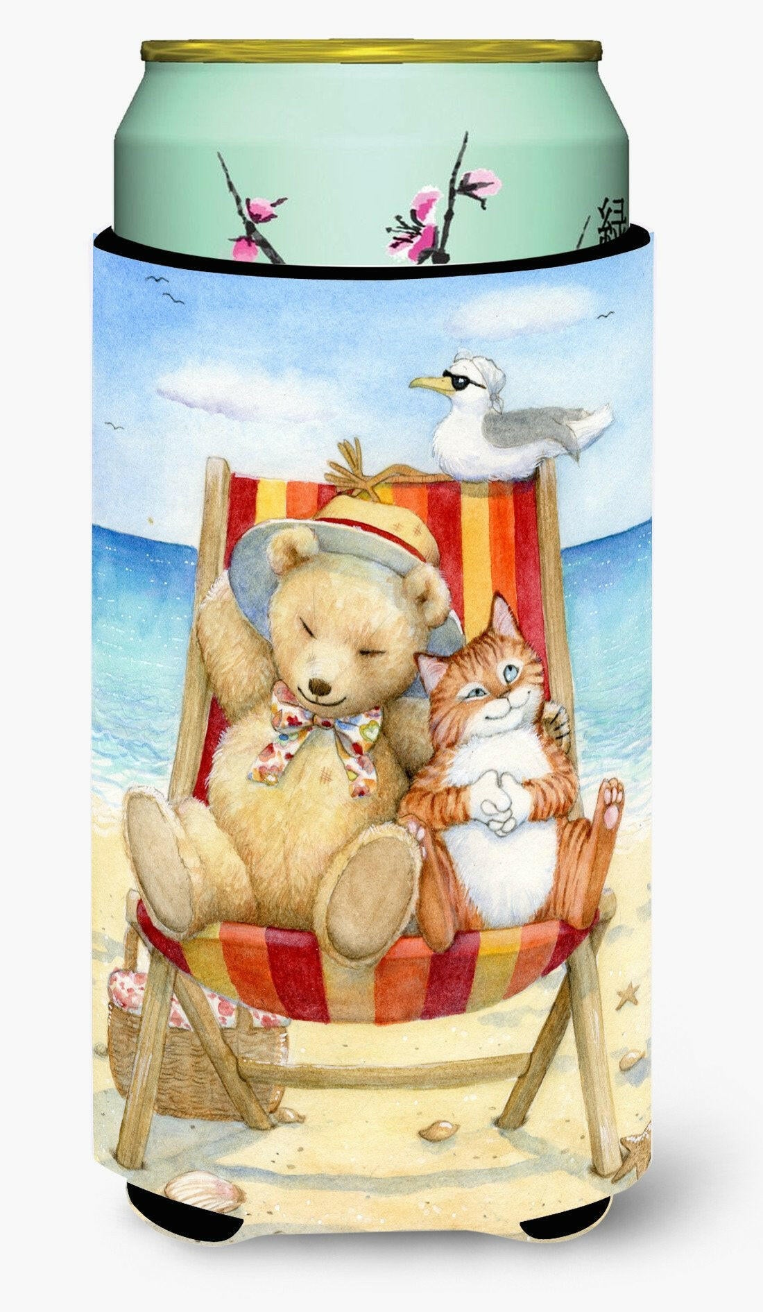 Summer Teddy Bear and Cat on Beach Tall Boy Beverage Insulator Hugger CDCO0336TBC by Caroline&#39;s Treasures