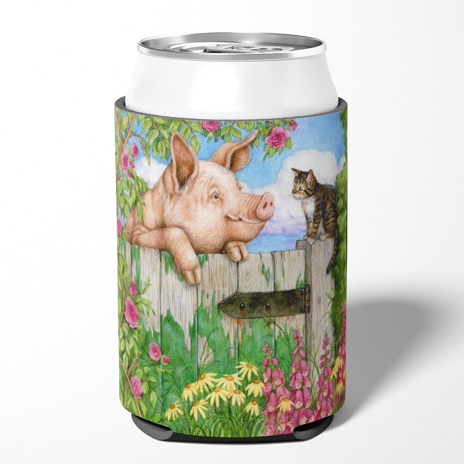 Caroline's Treasures Pig at the Gate with the Cat Can or Bottle Hugger CDCO0349CC