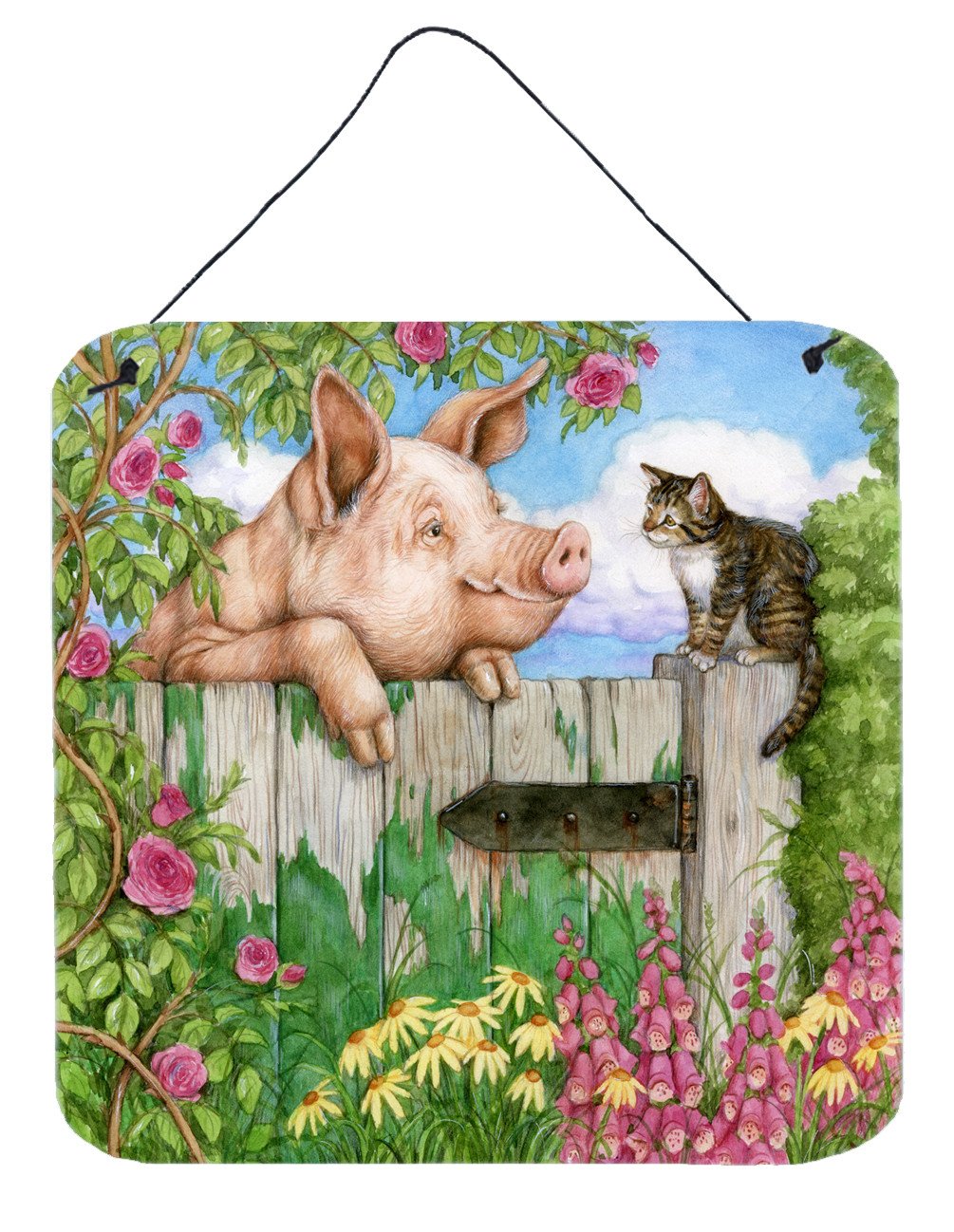 Pig at the Gate with the Cat Wall or Door Hanging Prints CDCO0349DS66 by Caroline&#39;s Treasures