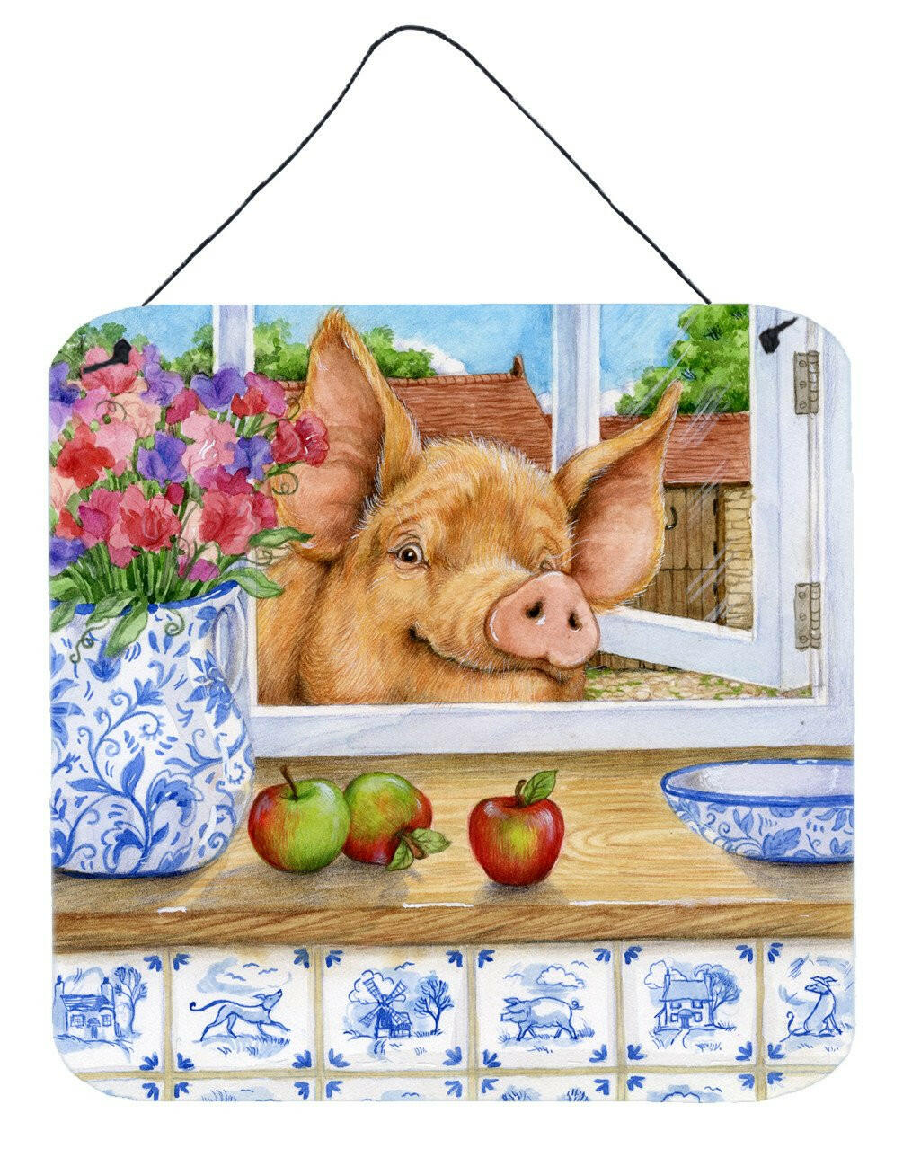 Pig trying to reach the Apple in the Window Wall or Door Hanging Prints CDCO0352DS66 by Caroline&#39;s Treasures