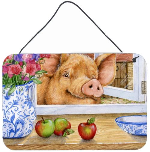 Pig trying to reach the Apple in the Window Wall or Door Hanging Prints by Caroline&#39;s Treasures