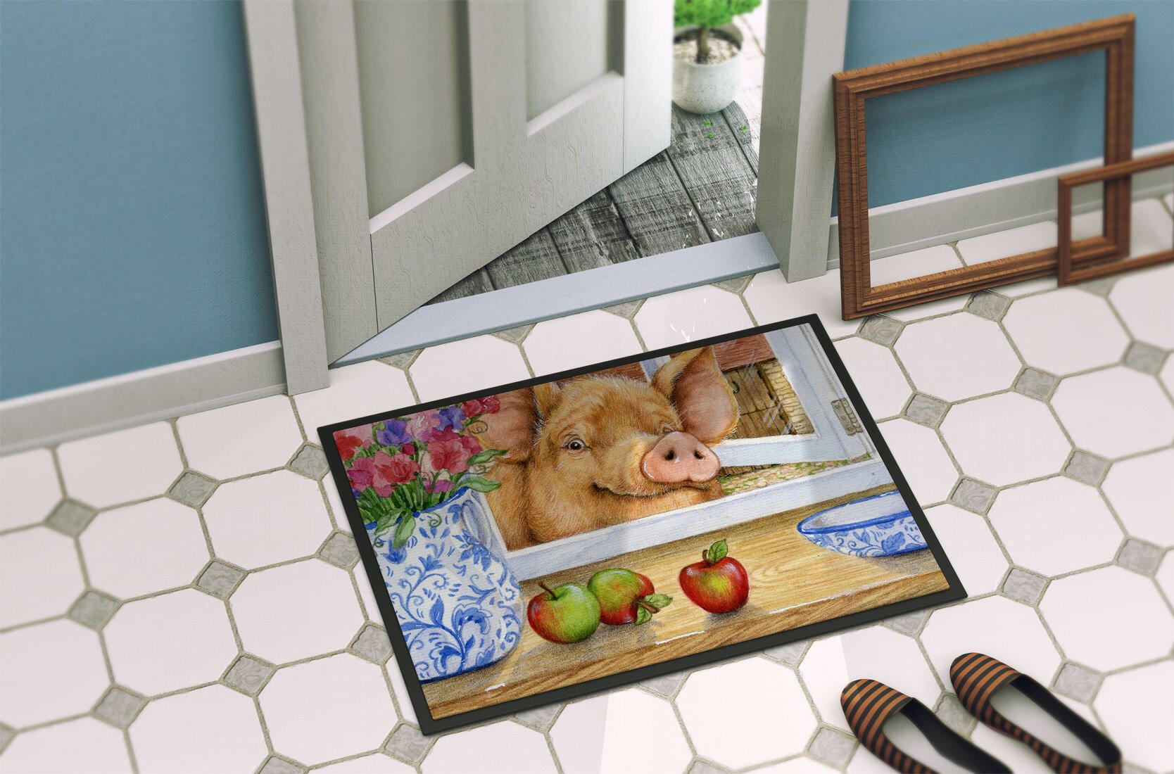 Pig trying to reach the Apple in the Window Indoor or Outdoor Mat 24x36 CDCO0352JMAT - the-store.com