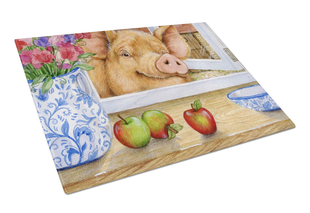 Pig trying to reach the Apple in the Window Glass Cutting Board Large CDCO0352LCB by Caroline&#39;s Treasures