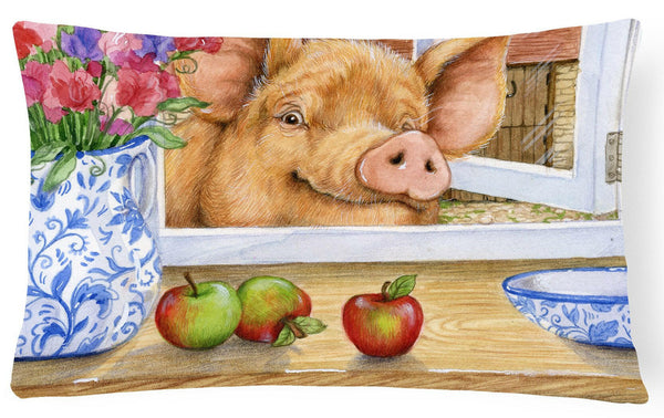 Pig trying to reach the Apple in the Window Fabric Decorative Pillow CDCO0352PW1216 by Caroline's Treasures