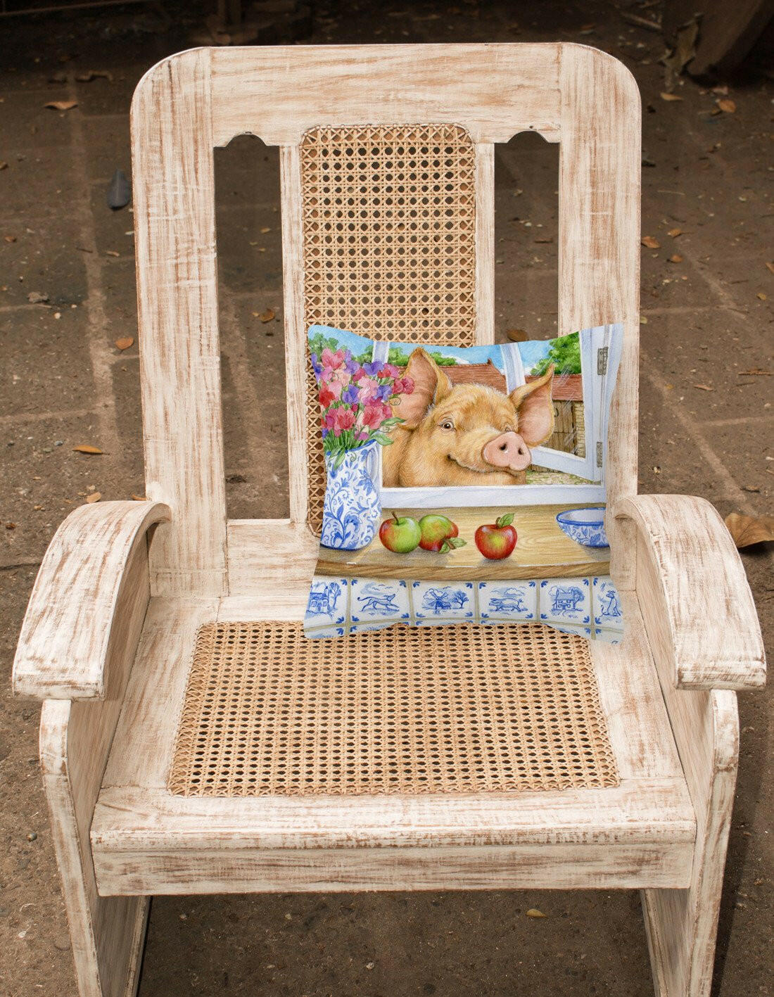 Caroline's Treasures Pig trying to reach the Apple in the Window Canvas Decorative Pillow CDCO0352PW1414