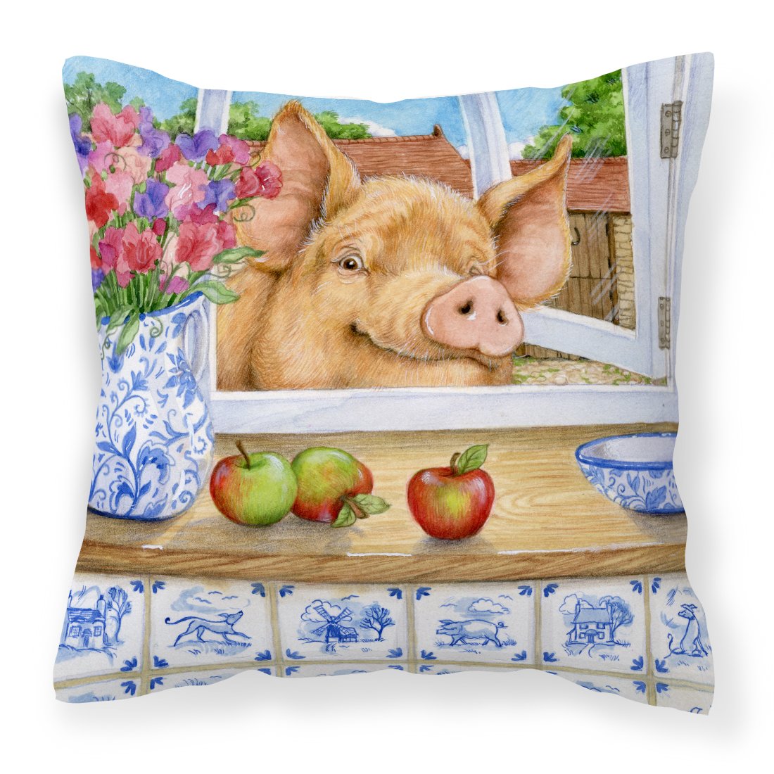 Pig trying to reach the Apple in the Window Canvas Decorative Pillow by Caroline&#39;s Treasures