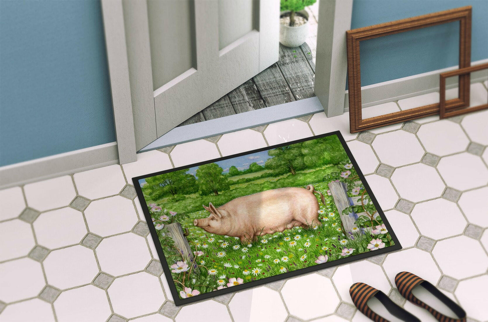 Caroline's Treasures Pig In Dasies by Debbie Cook Doormat - 24x36 Decorative Floor Mat – Indoor/Outdoor Rug with Artistic Flair CDCO0374JMAT - Large 24x36 – Indoor/Outdoor Floor Mats with Artistic Flair