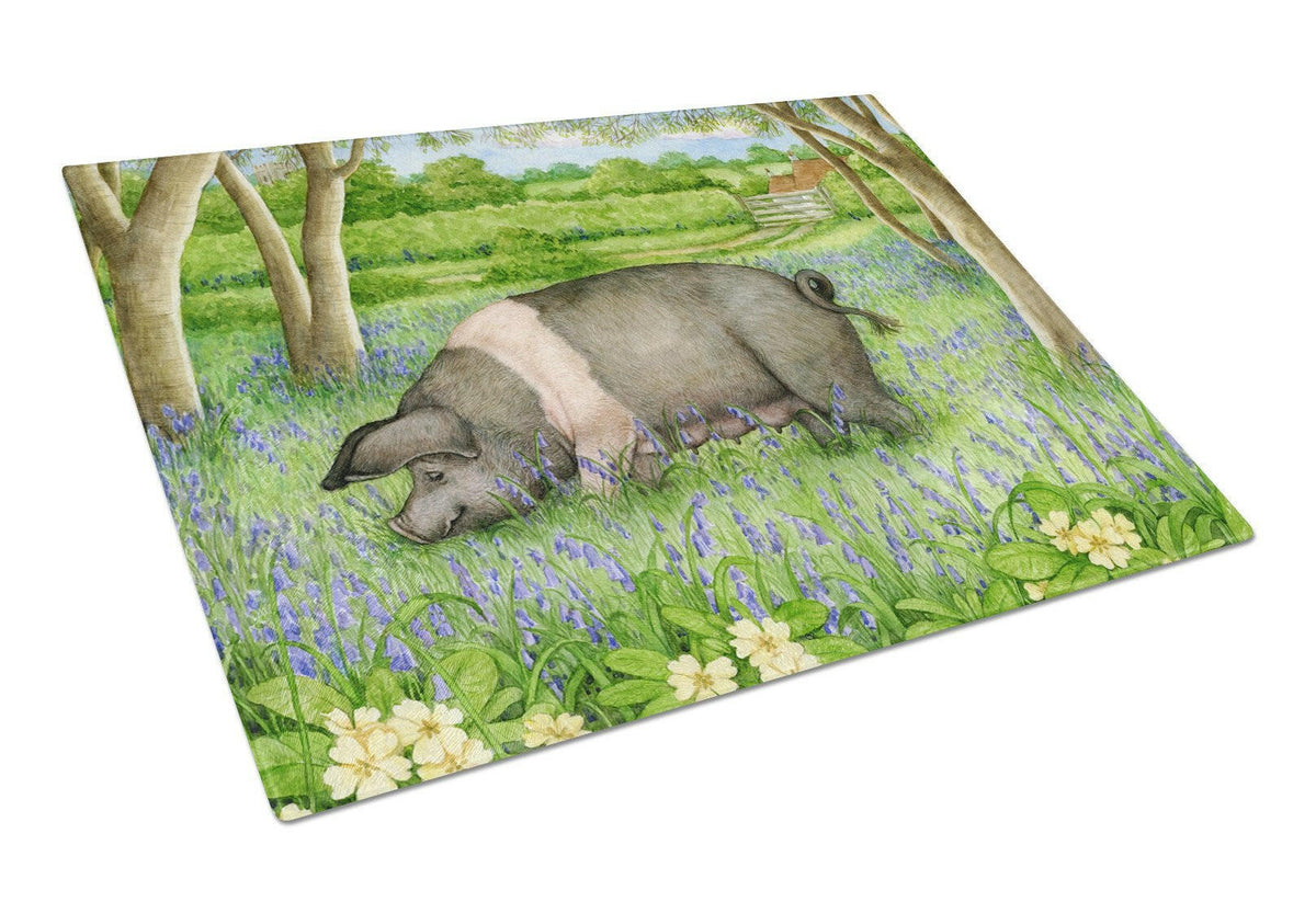 Pig In Bluebells by Debbie Cook Glass Cutting Board Large CDCO0377LCB by Caroline&#39;s Treasures