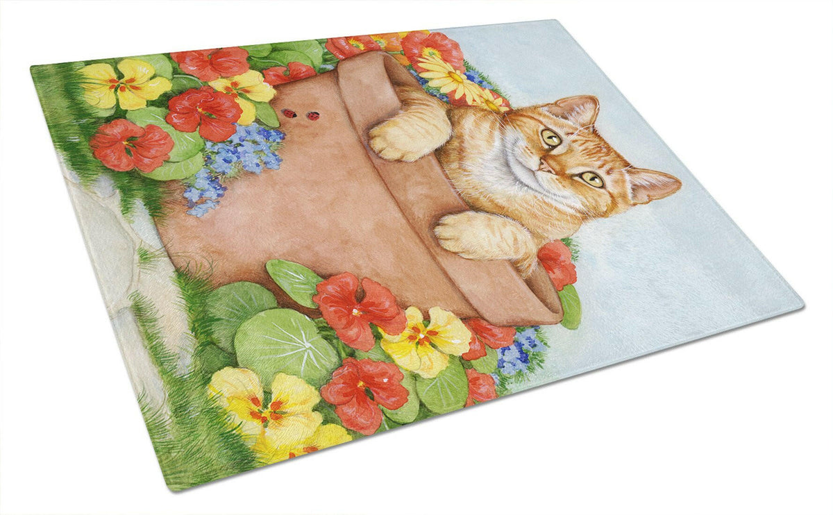 Ginger Cat In Pot by Debbie Cook Glass Cutting Board Large CDCO0395LCB by Caroline&#39;s Treasures