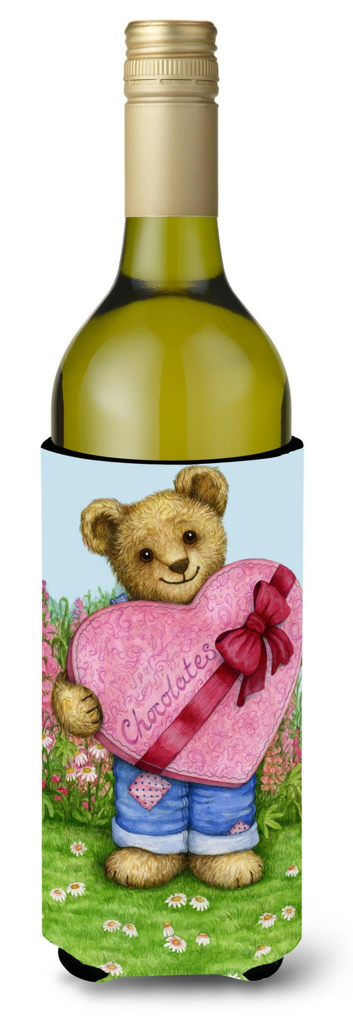 Valentine Teddy Bear with Chocolates Wine Bottle Beverage Insulator Hugger CDCO318ALITERK by Caroline&#39;s Treasures