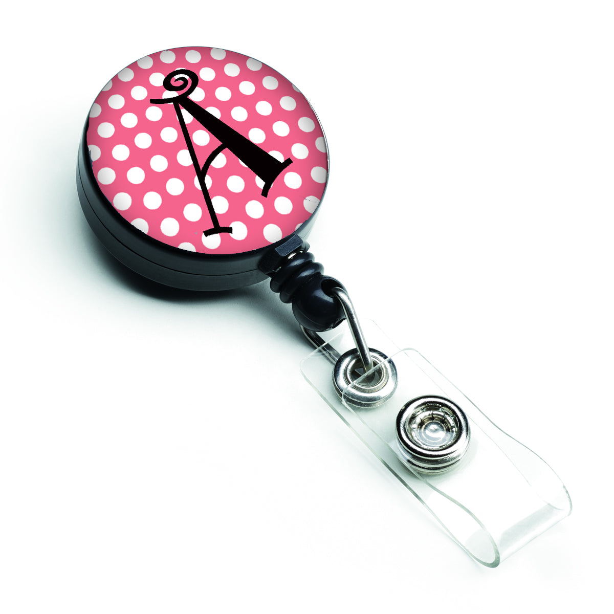 Letter A Monogram - Pink Black Polka Dots Retractable Badge Reel CJ1001-ABR