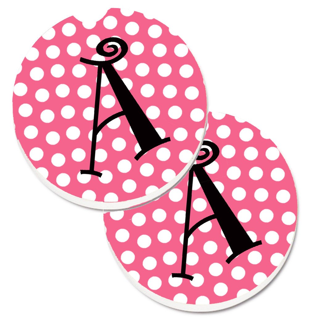 Letter A Monogram - Pink Black Polka Dots Set of 2 Cup Holder Car Coasters CJ1001-ACARC by Caroline&#39;s Treasures