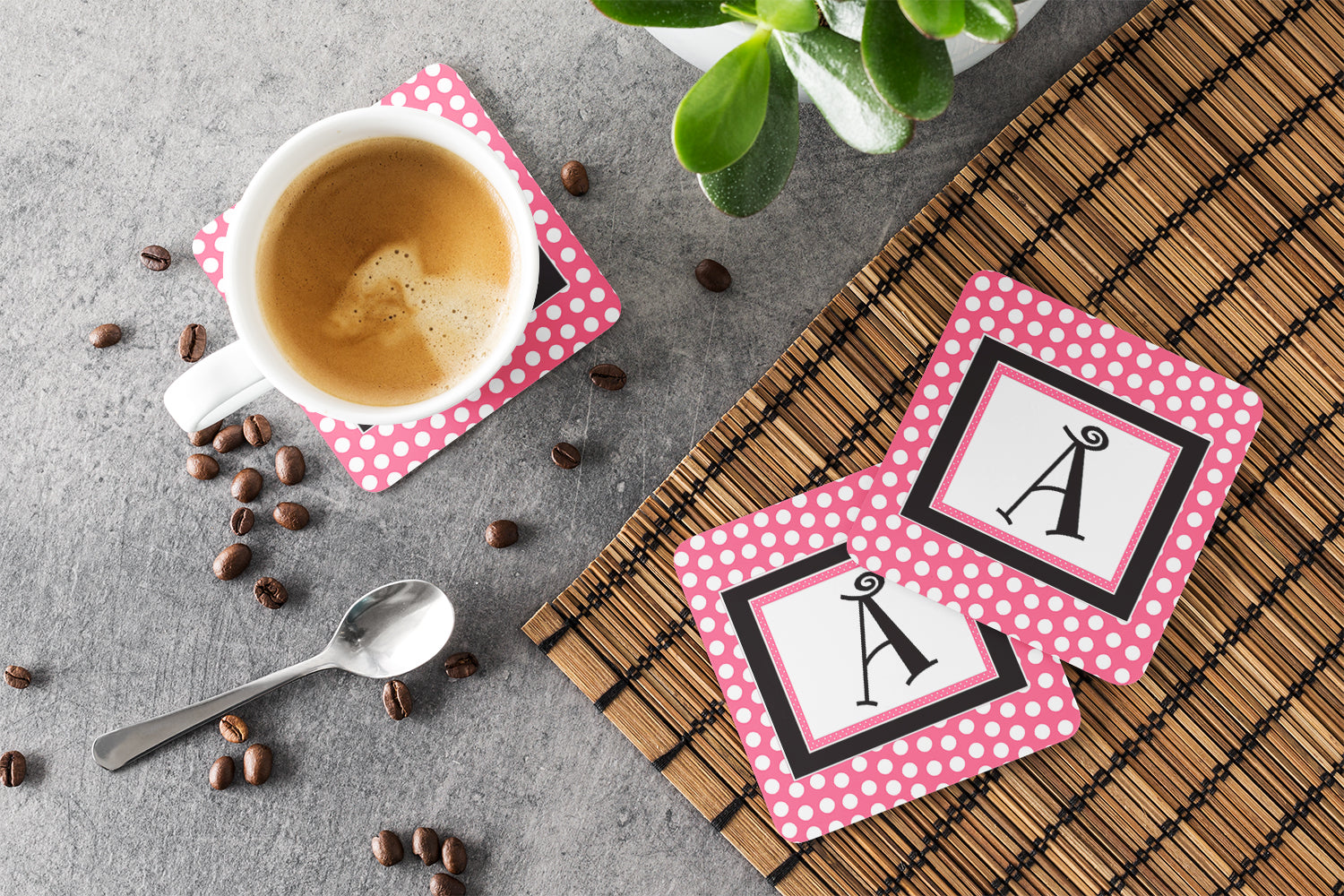 Set of 4 Monogram - Pink Black Polka Dots Foam Coasters Initial Letter A - the-store.com