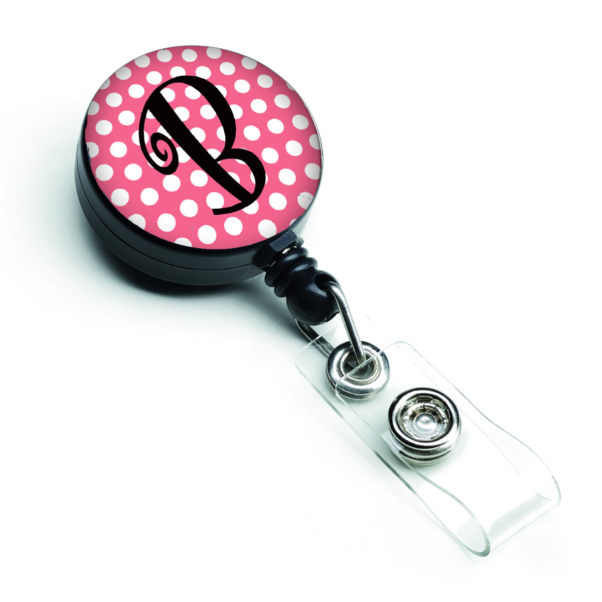 Letter B Monogram - Pink Black Polka Dots Retractable Badge Reel CJ1001-BBR  the-store.com.