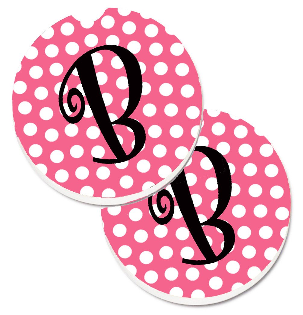 Letter B Monogram - Pink Black Polka Dots Set of 2 Cup Holder Car Coasters CJ1001-BCARC by Caroline&#39;s Treasures