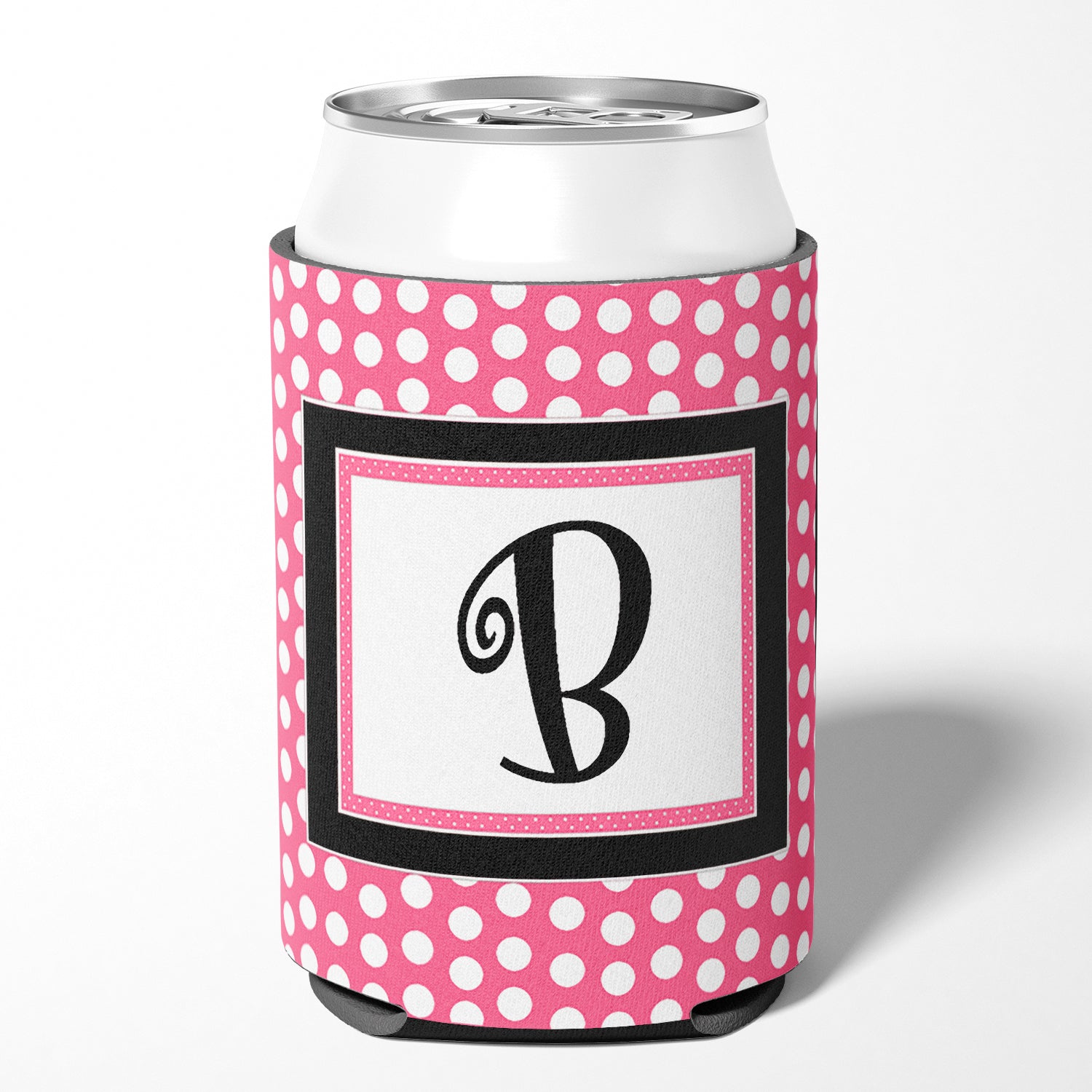 Letter B Initial Monogram - Pink Black Polka Dots Can or Bottle Beverage Insulator Hugger.