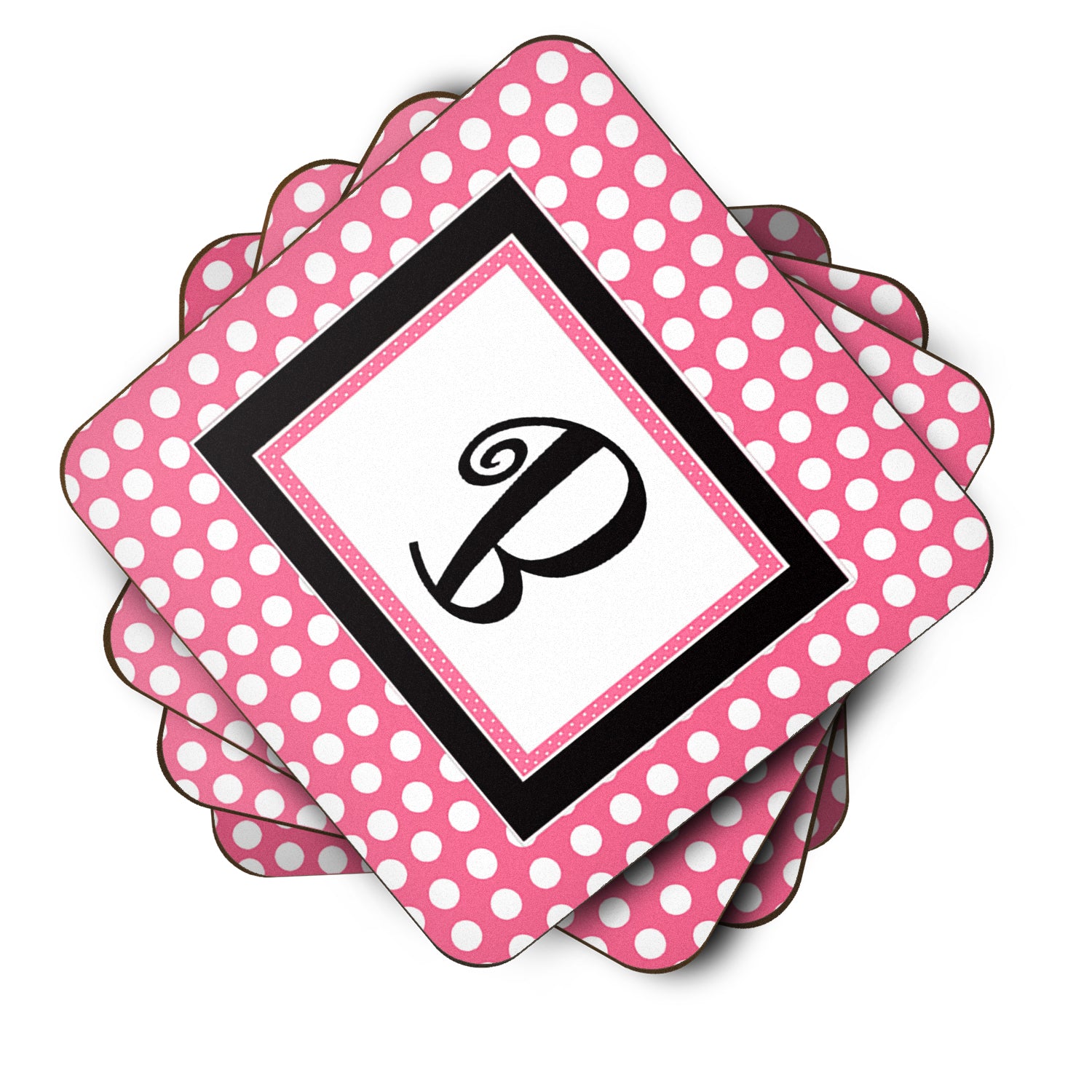 Set of 4 Monogram - Pink Black Polka Dots Foam Coasters Initial Letter B - the-store.com