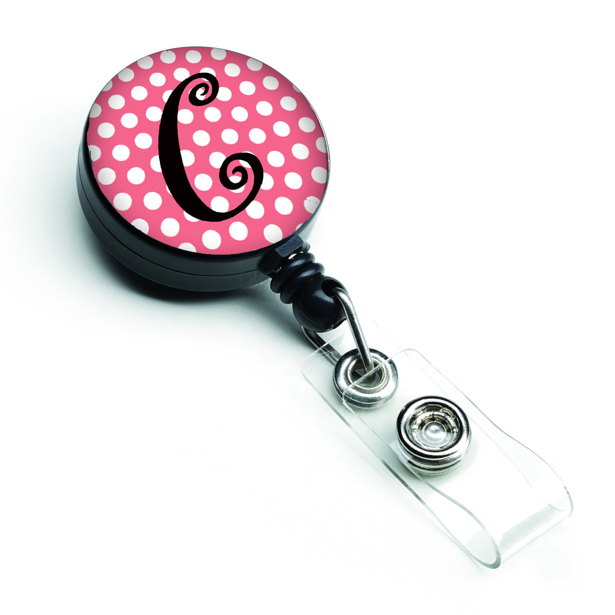 Letter C Monogram - Pink Black Polka Dots Retractable Badge Reel CJ1001-CBR  the-store.com.