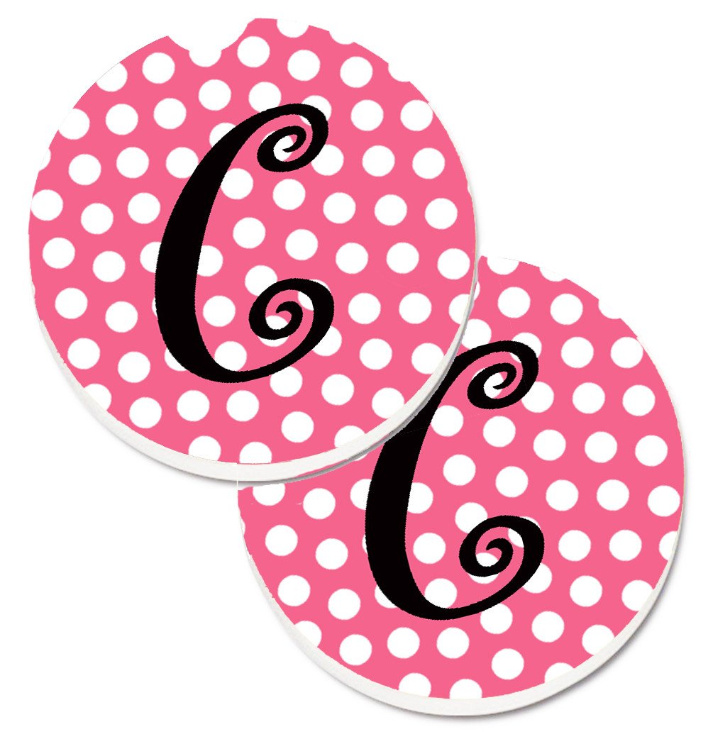 Letter C Monogram - Pink Black Polka Dots Set of 2 Cup Holder Car Coasters CJ1001-CCARC by Caroline&#39;s Treasures