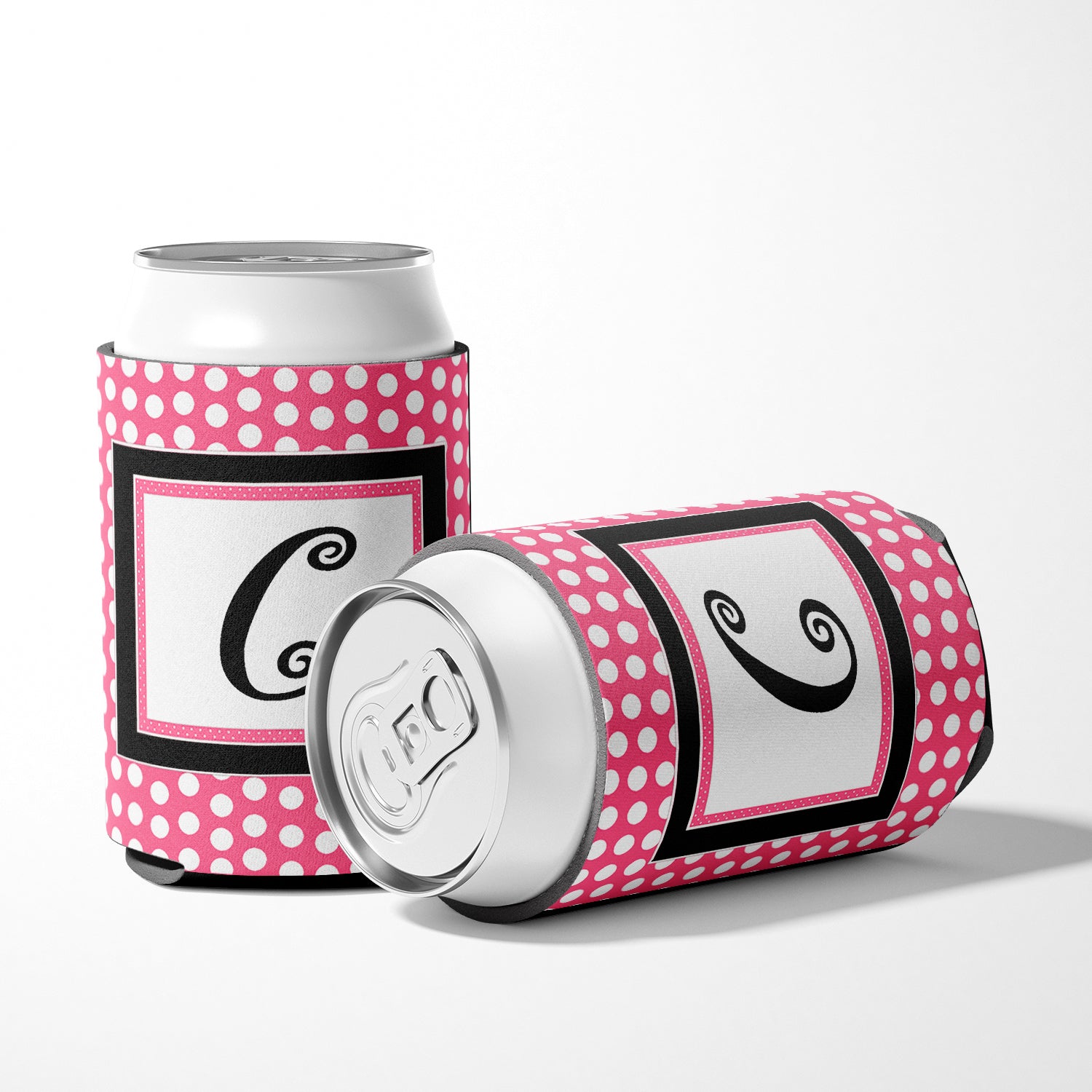Letter C Initial Monogram - Pink Black Polka Dots Can or Bottle Beverage Insulator Hugger.