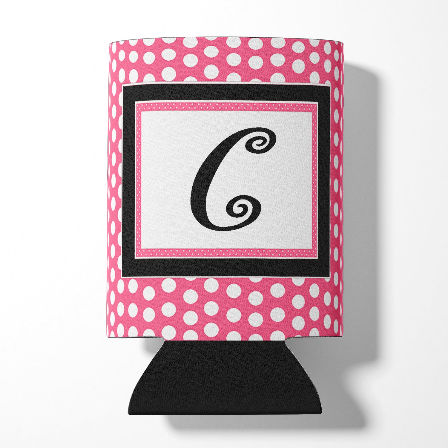Letter C Initial Monogram - Pink Black Polka Dots Can or Bottle Beverage Insulator Hugger.