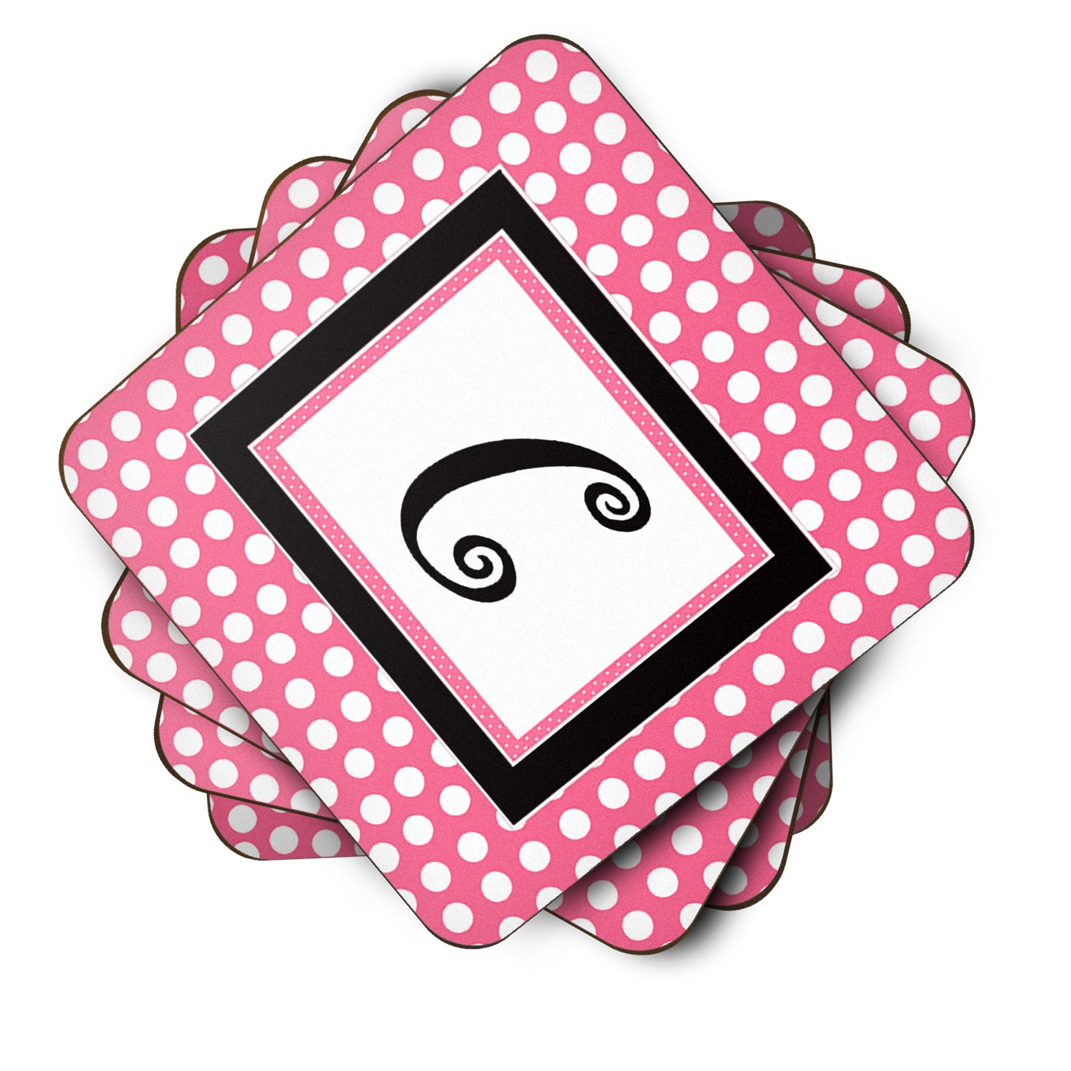 Set of 4 Monogram - Pink Black Polka Dots Foam Coasters Initial Letter C - the-store.com