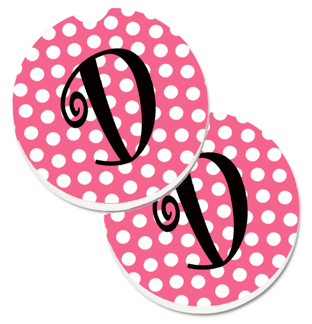 Letter D Monogram - Pink Black Polka Dots Set of 2 Cup Holder Car Coasters CJ1001-DCARC by Caroline&#39;s Treasures