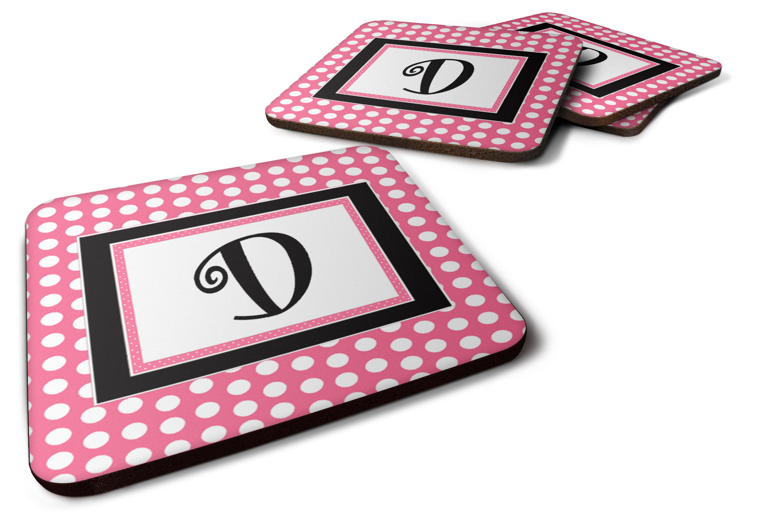 Set of 4 Monogram - Pink Black Polka Dots Foam Coasters Initial Letter D - the-store.com