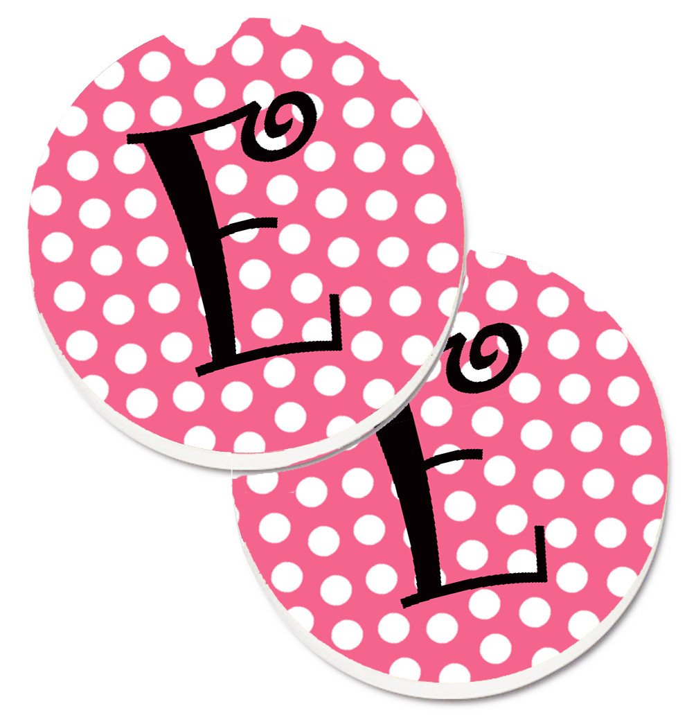 Letter E Monogram - Pink Black Polka Dots Set of 2 Cup Holder Car Coasters CJ1001-ECARC by Caroline&#39;s Treasures