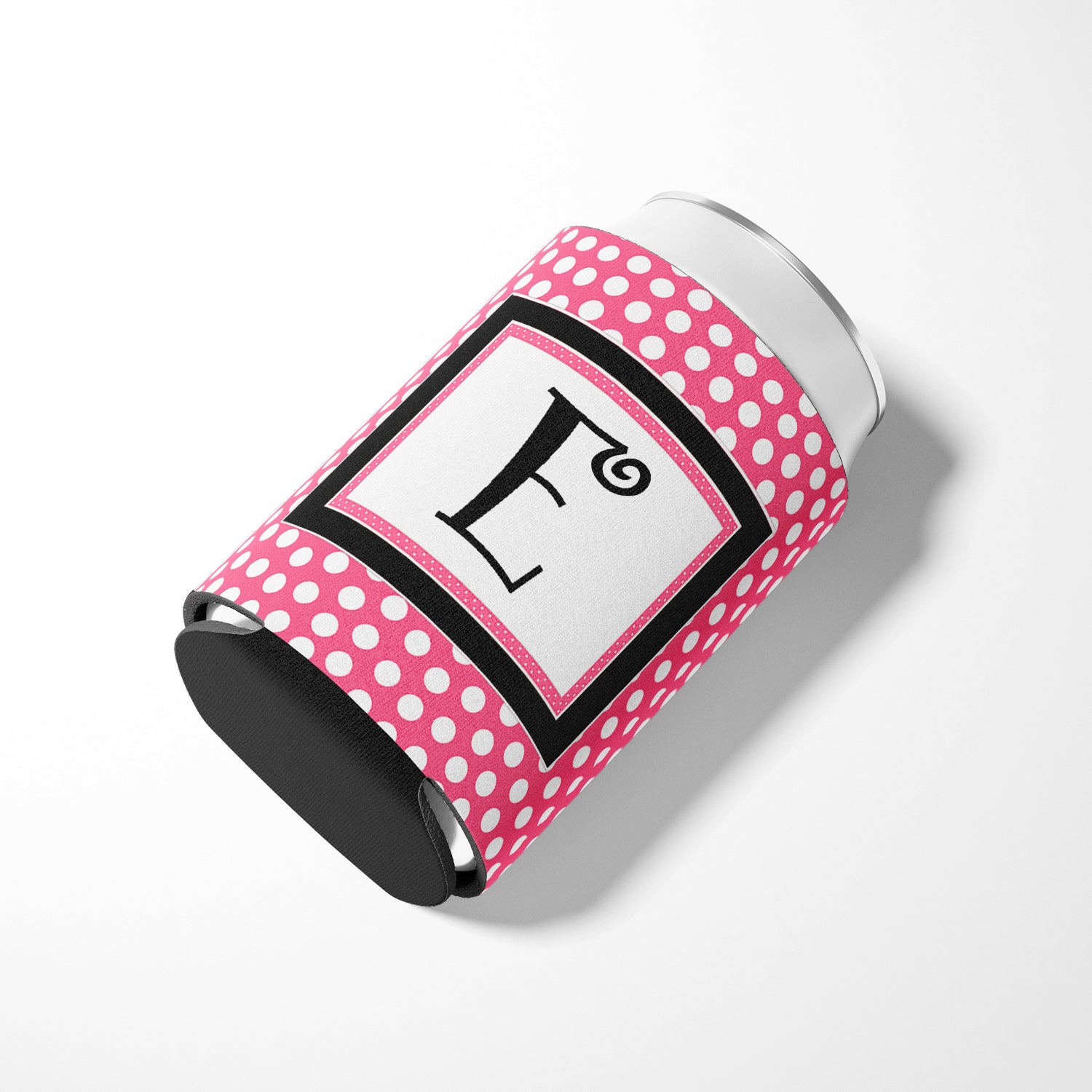 Letter E Initial Monogram - Pink Black Polka Dots Can or Bottle Beverage Insulator Hugger.