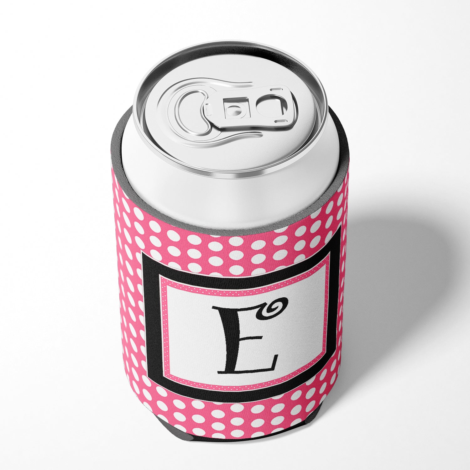 Letter E Initial Monogram - Pink Black Polka Dots Can or Bottle Beverage Insulator Hugger.