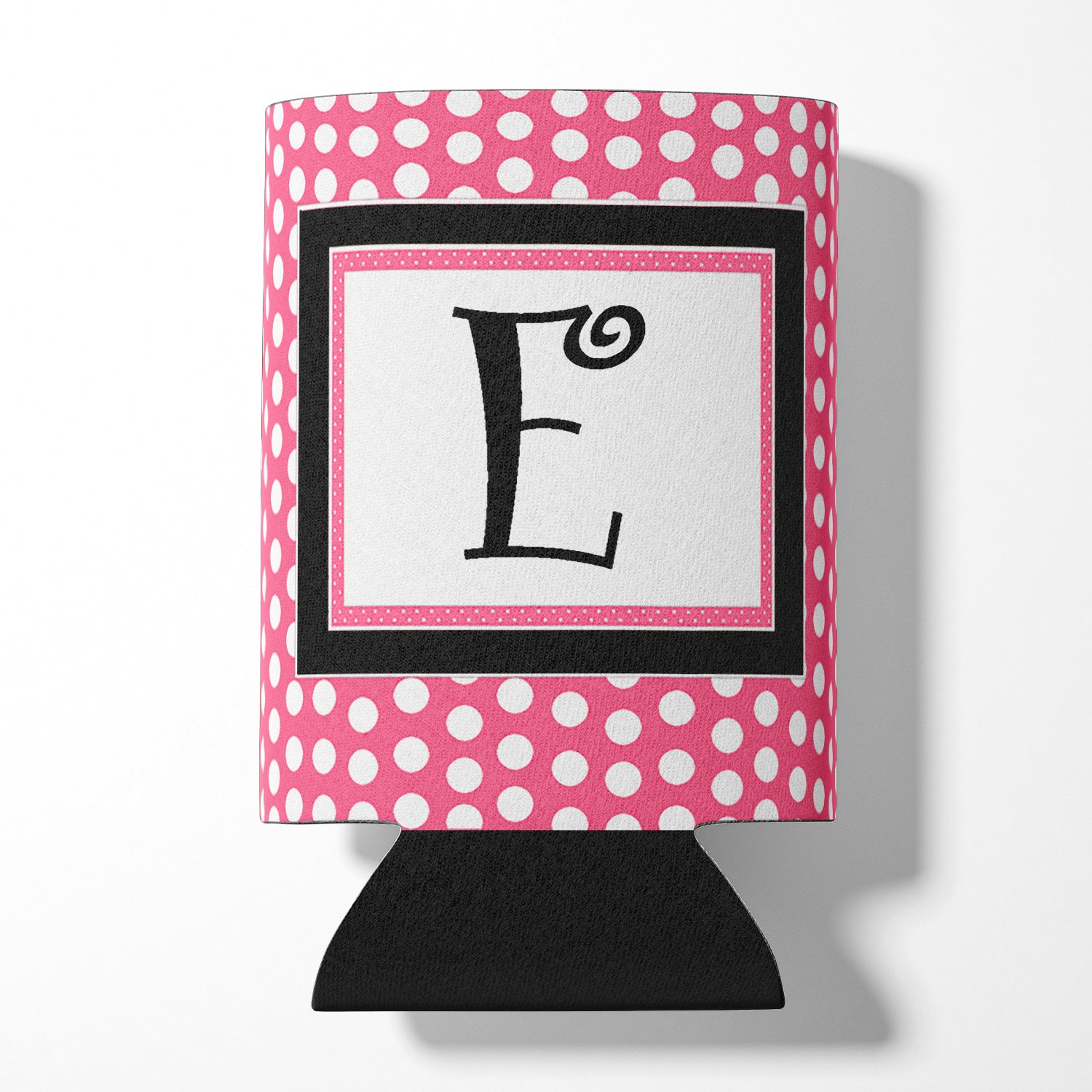 Letter E Initial Monogram - Pink Black Polka Dots Can or Bottle Beverage Insulator Hugger