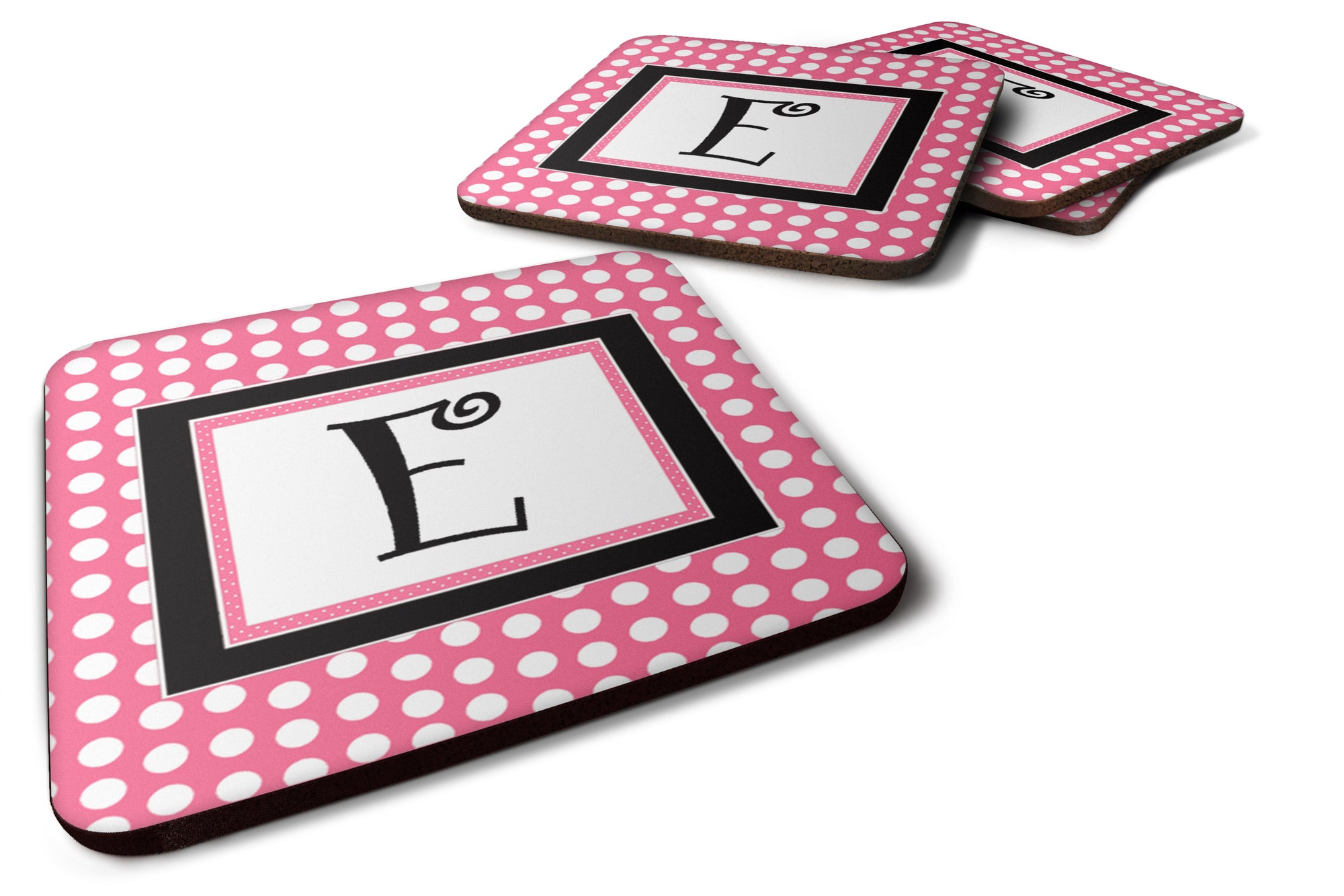 Set of 4 Monogram - Pink Black Polka Dots Foam Coasters Initial Letter E - the-store.com