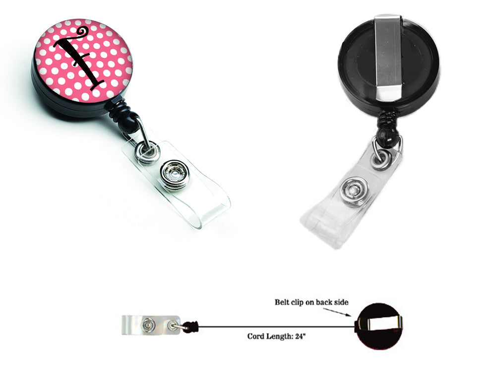 Letter F Monogram - Pink Black Polka Dots Retractable Badge Reel CJ1001-FBR