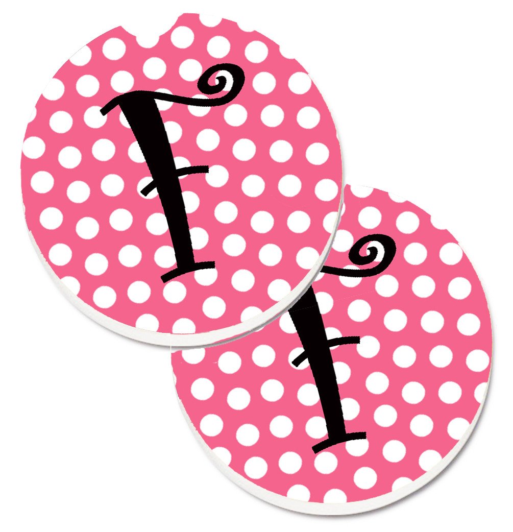 Letter F Monogram - Pink Black Polka Dots Set of 2 Cup Holder Car Coasters CJ1001-FCARC by Caroline&#39;s Treasures