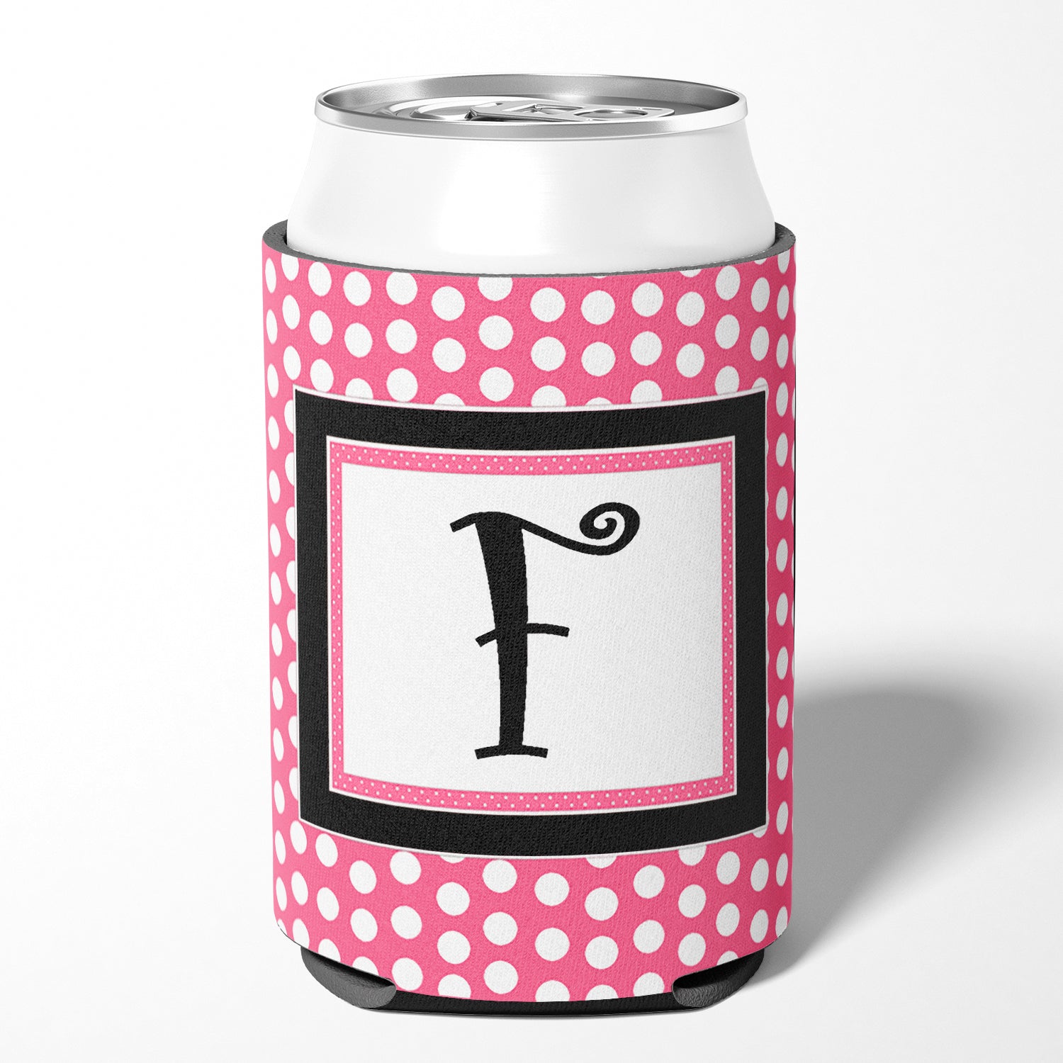 Letter F Initial Monogram - Pink Black Polka Dots Can or Bottle Beverage Insulator Hugger