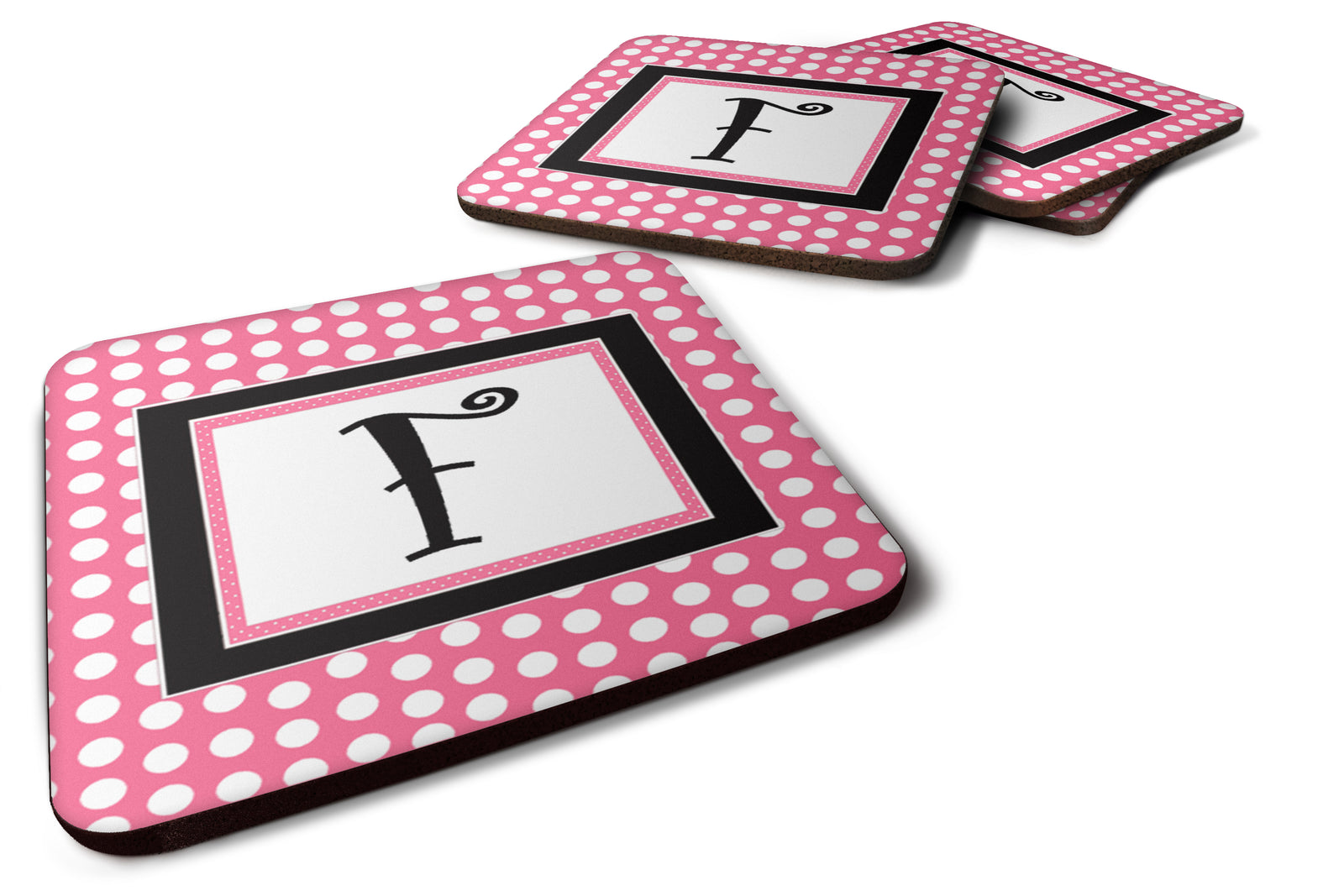 Set of 4 Monogram - Pink Black Polka Dots Foam Coasters Initial Letter F - the-store.com