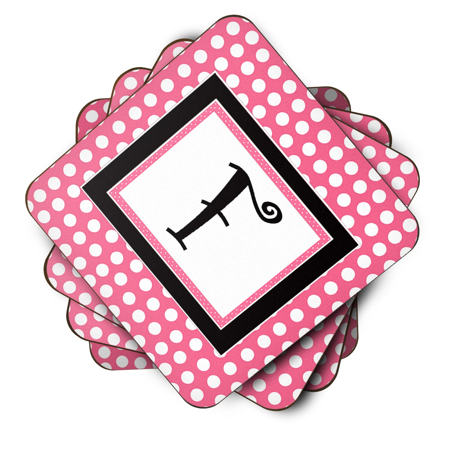 Set of 4 Monogram - Pink Black Polka Dots Foam Coasters Initial Letter F - the-store.com