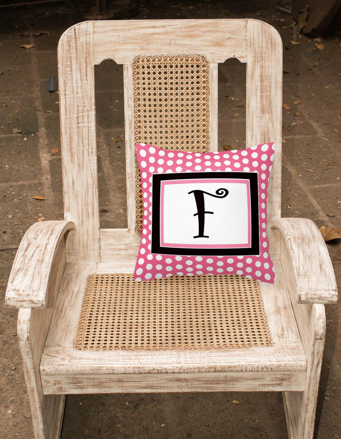 Letter F Initial Monogram Pink Black Polka Dots Decorative Canvas Fabric Pillow - the-store.com