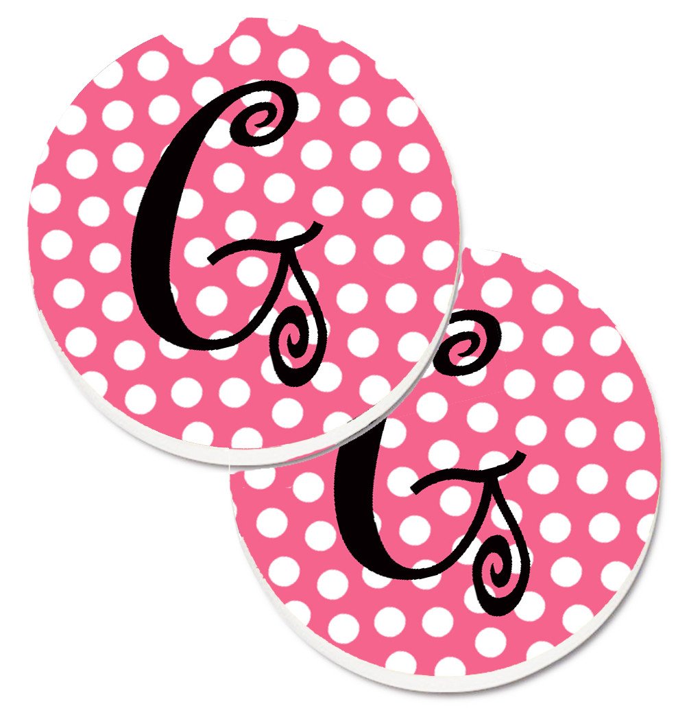 Letter G Monogram - Pink Black Polka Dots Set of 2 Cup Holder Car Coasters CJ1001-GCARC by Caroline&#39;s Treasures