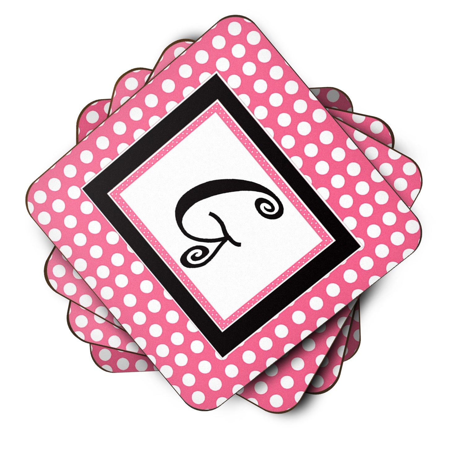 Set of 4 Monogram - Pink Black Polka Dots Foam Coasters Initial Letter G - the-store.com
