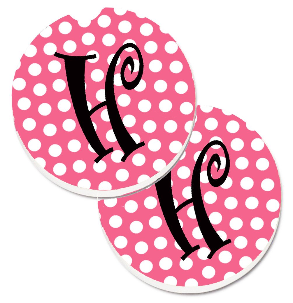 Letter H Monogram - Pink Black Polka Dots Set of 2 Cup Holder Car Coasters CJ1001-HCARC by Caroline&#39;s Treasures