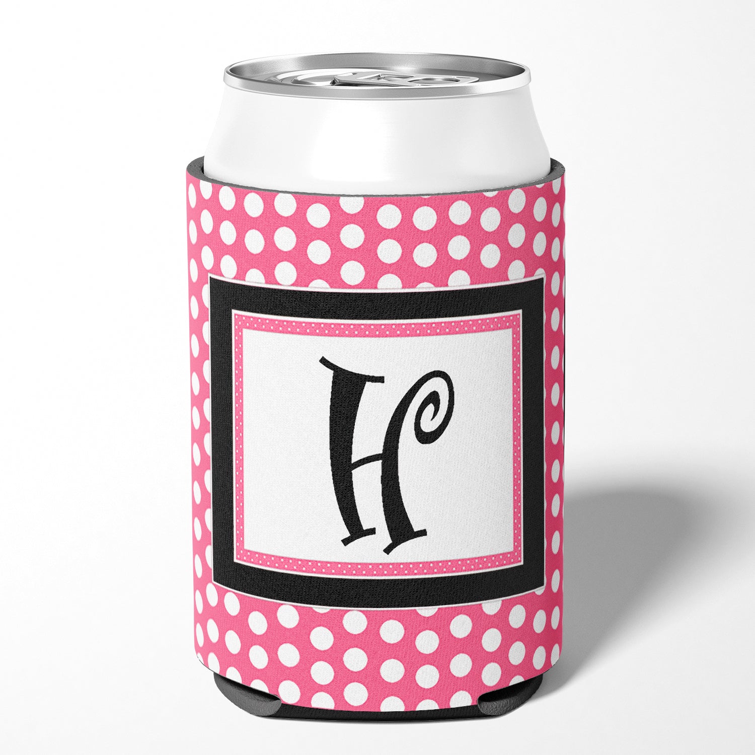 Letter H Initial Monogram - Pink Black Polka Dots Can or Bottle Beverage Insulator Hugger