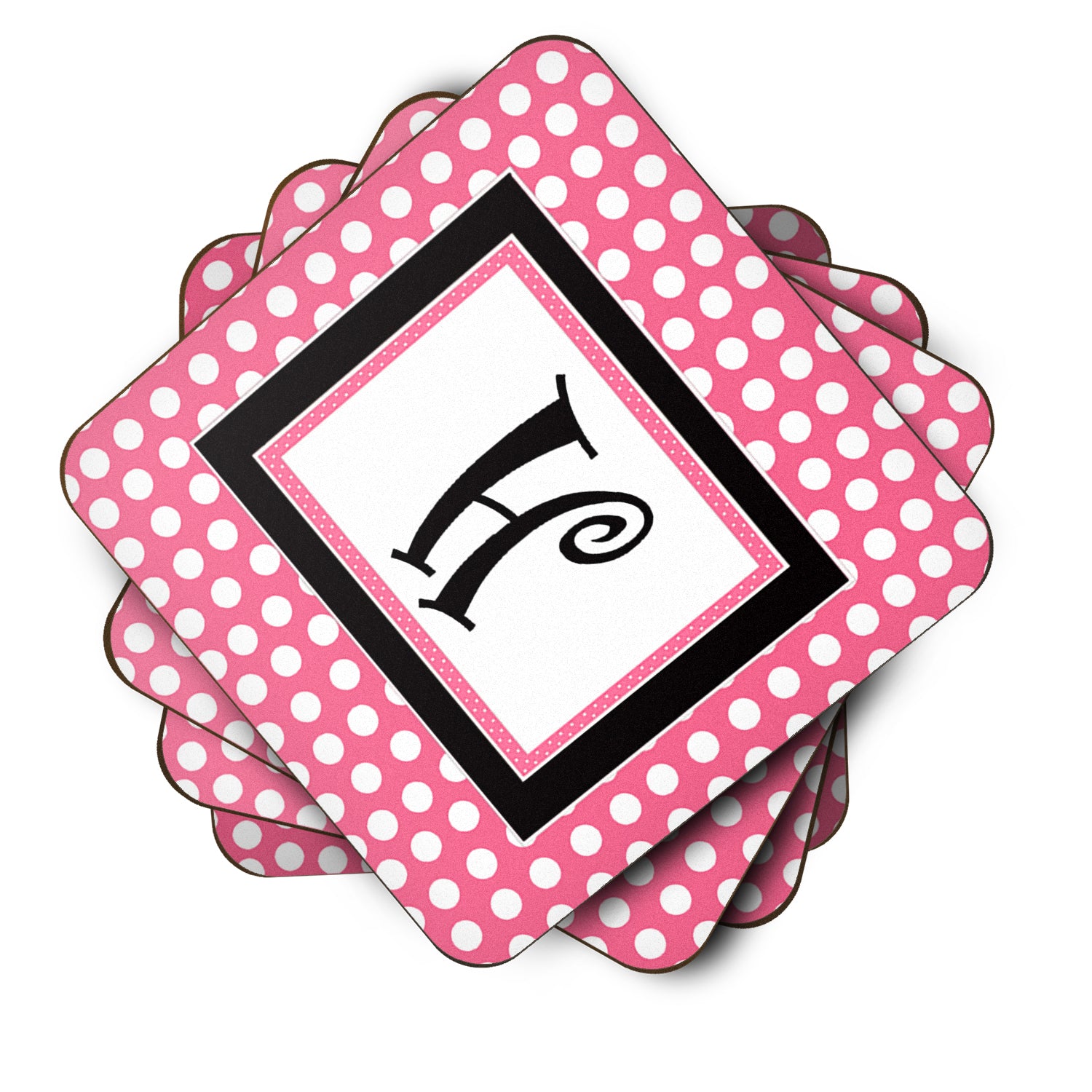 Set of 4 Monogram - Pink Black Polka Dots Foam Coasters Initial Letter H - the-store.com