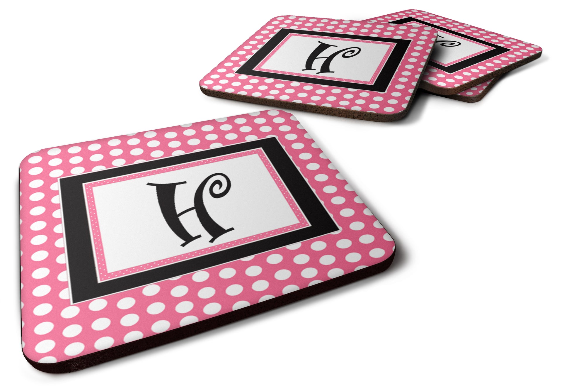 Set of 4 Monogram - Pink Black Polka Dots Foam Coasters Initial Letter H - the-store.com