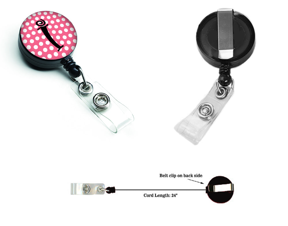 Letter I Monogram - Pink Black Polka Dots Retractable Badge Reel CJ1001-IBR  the-store.com.